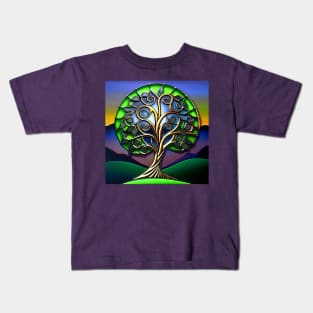 Celtic Stained Glass Tree of Life at Sunset Kids T-Shirt